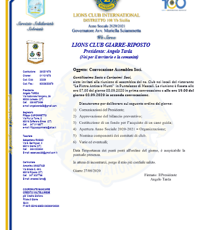 GIOVEDI’ 3 SETTEMBRE ASSEMBLEA LIONS GIARRE-RIPOSTO