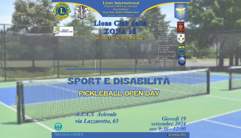 SPORT E DISABILITÀ: Pickleball open day – giovedì 19 settembre 9:30-12:00  c/o A.I.A.S. Acireale – LIONS CLUB ZONA 15