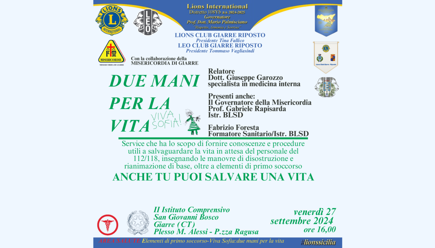 “ W SOFIA” – Manovre salvavita pediatriche – venerdì 27 settembre ore 16:00 – II ISTITUTO COMPRENSIVO SAN G. BOSCO –  Plesso M. Alessi, Giarre